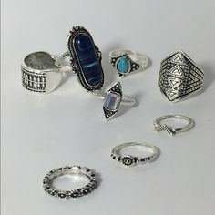 Set Of 8 Bohemian Rings Made Of Tibetan Silver, Natural Stones, And Gems. Wear All Of Them On One Hand At Various Knuckles (See Pic For Examples), Or Just Pick One For The Day. Brand New, Nice Weight. First Pic Is Of Actual Rings You Will Receive, Other Pics Are Examples. #2d Vinyl Display, Midi Ring Set, Midi Ring, Bohemian Rings, Midi Rings, Silver Blue, Pick One, Concept Store, Blue And Silver