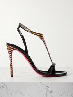 CHRISTIAN LOUBOUTIN Athina 100 patent leather-trimmed crystal-embellished striped satin sandals | NET-A-PORTER Christian Louboutin Sandals, Satin Sandals, Latest Sandal, Christian Louboutin Women, Nude Sandals, Leather Heels Sandals, Silver Sandals, Embellished Sandals, Black Patent Leather