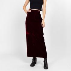 Vintage 70s dark oxblood red velvet maxi skirt, with a high waist, a straight silhouette, and a back zipper and double hook closure. Measurements and Condition:  Fits like: Women's extra small Fabric: Feels like rayon velvet Brand: None Condition: Very good, with light general wear  Length: 39" Waist: 25" Hips: 37" - taken at the bottom of the zipper opening Shown on a 5'9" model with measurements of 33"-24"-37", usually wears size extra small to small. See our FAQ for more info on sizing and condition ratings. Maxi Rock, Velvet Maxi Skirt, Red Midi Skirt, Gothic Skirt, Oxblood Red, Velvet Maxi, Velvet Skirt, Vintage 70s, Red Velvet