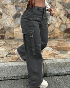 Green Cargo Pants Pocket Design High Waist Button Solid Color Pants 2024 Summer New Fashion Loose Women's Pants Streetwear AMAIO Loose Womens Pants, Celana Kargo, High Waisted Cargo Pants, Mode Hipster, Retro Pants, Black Overalls, Solid Color Pants, Green Cargo Pants, High Waist Fashion