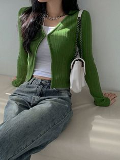 Women's Solid Color Fitted Cardigan Sweater Green Casual  Long Sleeve Knitted Fabric Plain  Slight Stretch Spring/Fall Women Clothing, size features are:Bust: ,Length: ,Sleeve Length: Uni Outfits, Áo Len Cardigan, Cardigan Outfits, Mode Inspo, Inspired Outfits, Outfit Inspo Fall, Casual Style Outfits, Lookbook Outfits, College Outfits