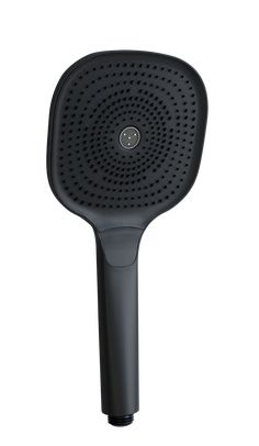 a black shower head on a white background