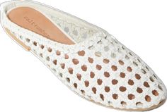 Casual White Slip-on Mules, White Spring Clogs With Flat Heel, White Flat Heel Clogs For Spring, Casual Woven Leather Mules With Flat Heel, Casual Closed Toe Woven Leather Mules, Casual Woven Leather Closed Toe Mules, Casual Woven Leather Mules With Closed Toe, Chic White Mules With Rubber Sole, Casual Slip-on Woven Leather Mules