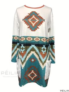 Peilia - Womens Western Style Geometric Print Crew Neck T-Shirt: Casual Pocket Long Sleeve for Spring & Fall, Fashion Apparel White Crew Neck Top With Geometric Pattern, White Geometric Pattern Crew Neck Top, Layered Blouse, Ruffled Sleeves, Pattern Blocks, Western Style, Spring And Fall, Geometric Print, Fall Fashion