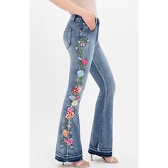 Take Your Look To The Next Level With These Dreamy Embroidered Flare Jeans! Featuring Intricate Floral Embroidered Patchwork Over A Classic Vintage 70's Bell Bottom Construction. High Waisted Fit. Bold, Flared Ankles. Medium Wash, Blue Denim. Zipper Closure. Get Ready To Bathe In Compliments With These Charming Floral Embroidered Bell Bottoms! 100% New! Material: 97% Cotton, 3% Spandex Measurements: Please Check Measurements In Photos Xs = 0/2 S = 4/6 M = 8/10 L = 12 Xl = 14 Xxl = 16 Style: Bohe Bohemian Mid-rise Flare Jeans For Spring, Bohemian Medium Wash Jeans For Spring, Bohemian Denim Blue Jeans For Spring, Fitted Denim Blue Bottoms With Floral Print, Fitted Denim Blue Floral Print Bottoms, Embroidered Denim Blue Bottoms For Spring, Spring Embroidered Denim Blue Bottoms, Casual Blue Embroidered Jeans, Casual Embroidered Denim Blue Flare Jeans