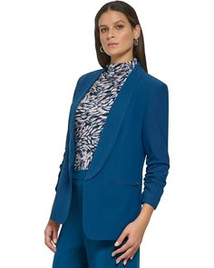 DKNY Shawl Collar Ruched Sleeve Jacket | Zappos.com Ruched Sleeve Blazer, Ruched Sleeve, Topaz Color, Work Looks, Sleeve Jacket, Formal Style, Shawl Collar, Blazers For Women, Front Open