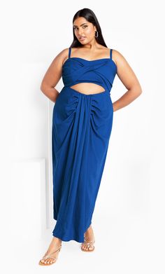 Immerse yourself in the allure of the April Maxi Dress - a versatile and chic option showcasing a curved neckline with silicon elastic support, a sophisticated twist front bust detail, and an alluring bust cut-out detail. Under bust gather details, adjustable shoulder straps, and an invisible back zip closure complete this fully lined, maxi-length dress designed for both comfort and style. Key Features Include: - Curved neckline with silicon elastic support -Twist front bust detail - Bust cut-ou Royal Blue Plus Size Dress Casual, Plus Size Cobalt Blue Dress, Plus Size Periwinkle Dress, Tuscan Summer, Cheetah Skirt, Plus Size Maxi Dress, Style Goals, Resort Dresses, Exclusive Dress