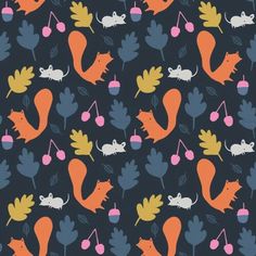 an animal print fabric with leaves and mouses on it in orange, blue, pink, yellow