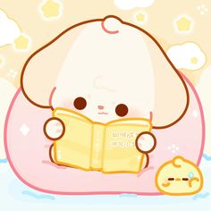 a cute little bunny reading a book while sitting on top of a pink pillow next to a yellow teddy bear