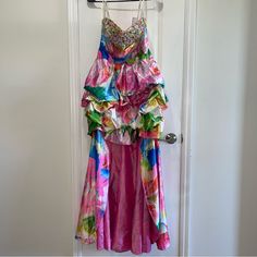 Nwt Party Time Colorful Floral Evening Gown With Rhinestones On Top And A Train Size 8 Measurements In The Photos Pink Gown For Pageant During Prom Season, Pink Pageant Dress For Prom Season, Pink Dress For Pageant And Prom Season, Pink Dress For Prom Season Pageant, Pink Gown For Pageant In Prom Season, Pink Evening Dress For Pageant During Prom Season, Pink Sleeveless Gown For Homecoming, Pink Sleeveless Homecoming Gown, Multicolor Summer Evening Dress For Prom