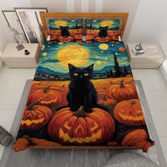 a black cat sitting on top of pumpkins in front of a night sky with full moon