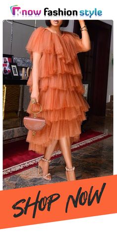 knowfashionstyle Orange Casual Solid Patchwork Flounce O Neck Cake Skirt Dresses Xmas Dresses, Brunch Attire, Sequin T Shirt Dress, Orange Outfits, Xmas Dress, Cake Skirt, Girls Black Dress, Diva Style, Lace Dress Styles