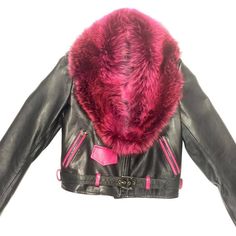 G-Gator Ladies Black & Pink Fox Collar Lamskin Biker JacketSkin:Lamb Skin +Fox Style:Biker Color: BLK/PINK Pink Punk Biker Jacket For Winter, Pink Punk Biker Jacket With Long Sleeves, Pink Punk Winter Outerwear, Pink Leather Jacket For Winter, Fitted Pink Biker Jacket For Winter, Pink Fitted Punk Biker Jacket, Pink Biker Outerwear With Long Sleeves, Pink Biker Style Long Sleeve Outerwear, Pink Fitted Biker Outerwear