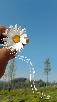 a person holding a daisy in their hand with the word happy written on it and trees in the background