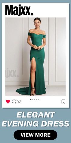 Majxx – Elegant Evening Dress with Comfortable Fit, High Slit and Shoulder-Baring Appeal for a Glamorous Party Look Elegant Evening Dress, Silk Evening Dress, Striped Bodycon Dress, Glamorous Party, Neck Bodycon Dress, Beach Maxi Dress, Party Look, Evening Dresses Elegant, Vacation Dresses