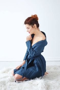 Handmade Linen bathrobe. Natural linen robe. Bathrobe.Homewear. Aquamarine bathrobe. Linen dress. Li Navy Blue Linen Dress, Linen Bathrobe, Summer Gowns, Blue Linen Dress, Linen Kimono, Linen Robe, Navy Blue Linen, House Clothes, Linen Loungewear