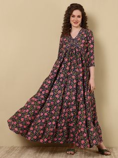 Blue & Pink Viscose Rayon Floral Print & Gotta Patti Deatiling Angrakha Shape Anarkali Style Kurta Gotta Patti Work, Angrakha Style, Gotta Patti, Viscose Rayon, Womens Size Chart, Anarkali, Single Piece, Washing Instructions, Ankle Length