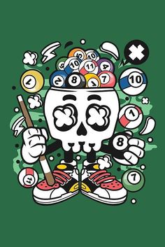 a skull with many different types of billiards on it