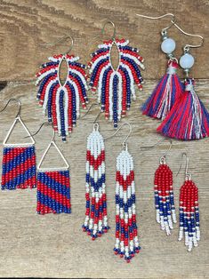 These earrings are perfect for super fans! Cheer on your favorite team or school.  Great for teacher gifts or school auctions.  Can be customized with your team colors. Red Patriotic Beaded Earrings, Patriotic Beaded Earrings For 4th Of July, Handmade Red Beaded Earrings For 4th Of July, White Dangle Earrings For 4th Of July, Handmade White Earrings For 4th Of July, Beaded Fringe Earrings, Beaded Earrings Patterns, Earring Ideas, Beaded Fringe