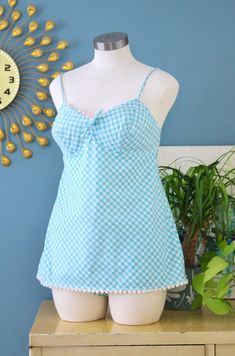 Vintage 1960s Swimsuit // 60s jantzen 2pc. Blue Gingham Babydoll Swimsuit With Bikini Bottoms // S - Etsy Cotton Gingham Swimwear For The Beach, Cotton Gingham Swimwear For Summer, 60s Bathing Suit, Fitted Gingham Sleeveless Swimwear, Fitted Sleeveless Gingham Swimwear, Retro Gingham Swimwear For Summer, Bathing Suit Dress, Charlotte Dress, Vintage Swimsuits