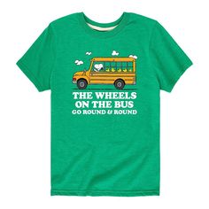 Get your little Snoopy fan ready for school with this fun boys' Peanuts "Wheels On The Bus" tee. Get your little Snoopy fan ready for school with this fun boys' Peanuts "Wheels On The Bus" tee. Crewneck Short sleevesFABRIC & CARE Solid colors: cotton Heather colors: cotton, polyester Machine wash Imported Size: Small. Color: Med Green. Gender: male. Age Group: kids. Pattern: Graphic. Material: Cotton Blend. Fun Green T-shirt For School, Casual Text Print T-shirt For Daycare, Funny Character Print T-shirt For School, Funny Cartoon Print T-shirt For School, Ready For School, Wheels On The Bus, Kids Pattern, School Readiness, The Bus