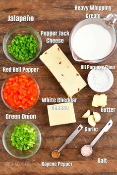 the ingredients for this recipe include cheese, red pepper, green onion, and garlic