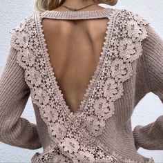 This Gorgeous Open Back Lacy Detailed Soft Sweater Is Great For Wearing With Jeans Or Dress It Up With A Sexy Skirt, The Color Is A True Gray As Pictured In The Last Two Photos Open Back Sweater, Festival Birthday, Lace Sweater, Spring Boho, Guipure Lace, Choker Style, Unique Boutique, Burgundy Sweater, Blue Fashion