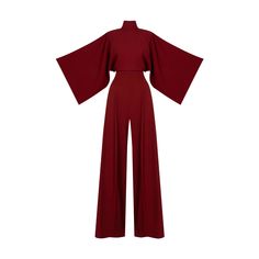 IO Jumpsuit features an exaggerated wide leg, pleat front detail, and a high waist perfectly balanced out with traditionally tailored Kimono style sleeves and a high neck with 3 button closures at the back of the neck and an elegant open back. Made in the UK. cold hand wash or dry clean Chic Jumpsuits For Women, Formal Jumpsuit Outfit, Jumpsuit Outfit Elegant, Wide Leg Jumpsuit Formal, Casual Jumpsuit Outfit, Women Jumpsuit Outfits, Kimono Jumpsuit, Cape Dresses, Elegant Jumpsuit