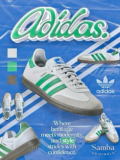 Adidas Poster - GREEN SAMBAS Sneaker Work "WHERE HERITAGE MEETS MODERNITY, AND STYLE STRIDES WITH CONFIDENCE." Adidas Samba ad campaign concept - Work with us for your next creative... @azvertical on IG Green Sambas, Samba Og Shoes, Men's Summer Style, Men's Adidas (men), Adidas Samba Og, Samba Og, Men's Casual Style, Fashion Logo Design