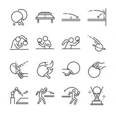 the set of linear icons for sports and games, including running, playing with ball, jumping