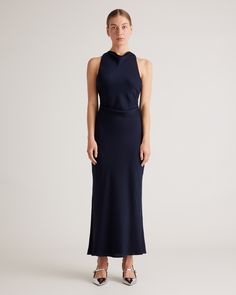 Quince  | Quince | Women's Washable Stretch Silk High Neck Midi Dress in Navy, Size XS, Mulberry Silk High Neck Midi Dress, Silk Midi Dress, Veronica Beard, Mulberry Silk, Quince, Midi Length, High Neck, Midi Dress, Slim Fit