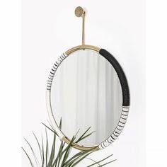 a round mirror hanging on the wall next to a potted plant