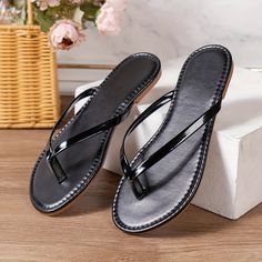 Patterned:Solid colorMaterial:Faux leatherHeel Type:FlatClosure:Slip-onStrap Type:Flip FlopsAll-season:SummerPrinting Type:No PrintingHeel Hight:Flat HeelItem ID:VL57760 Trendy Slip-on Polyurethane Sandals, Trendy Polyurethane Slip-on Sandals, Casual Toe Post Sandals In Faux Leather, Casual Toe Post Faux Leather Sandals, Casual Faux Leather Toe Post Sandals, Black Flat Flip Flops For Spring, Casual Round Toe Sandals In Polyurethane, Casual Closed Toe Sandals In Polyurethane, Casual Flat Heel Polyurethane Sandals