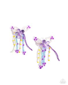 two small purple and yellow beads are attached to the back of some earrings