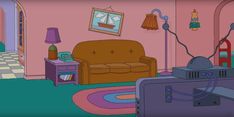 a cartoon living room with couches, lamps and pictures on the wall above them