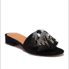 Fringed And Beaded Tassels Bring Swingy Movement To Your Every Step In A Luxe Slide Sandal Lifted Gently By A Wrapped Block Heel. Details: * Slip-On * Open Toe * Fringe & Tassel Vamp * Block Heel * Approx 1 1/4" Heel * Suede Upper, Manmade Sole * Comes In Original Box * Color: Black Box Color, Beaded Tassels, Dolce & Gabbana, White Topaz, Nars Cosmetics, Leather Loafers, Hobo Bag, Slide Sandals, Black Sandals