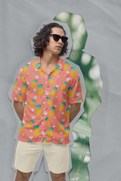 Introducing our Hawaiian shirt with pineapple print. The perfect beach shirt for your next hawaiian holiday or cruise. Crafted for comfort in paradise, the lightweight fabric and relaxed fit make it perfect for sunny days or balmy nights. Let the juicy colors and breezy design transport you to the shores of Hawaii, where every wear is a celebration of laid-back style. Customization: Please send us the following details: 1. Text or image you want printed 2. Location you want this printed 3. Prefe Hawaiian Printed Relaxed Fit Shirt, Hawaiian Camp Shirt With Graphic Print, Hawaiian Camp Shirt With Graphic Print And Camp Collar, Hawaiian Camp Shirt With Camp Collar For Vacation, Hawaiian Printed Shirt For Vacation, Summer Shirt With Hibiscus Print And Camp Collar, Tropical Camp Collar Beach Shirt, Tropical Camp Collar Shirt For Beach, Tropical Camp Shirt With Camp Collar For Beach Season