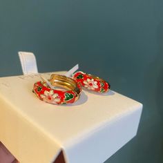 New In Gift Box. Never Tried On. 3/4” Hoops Beautiful Floral Design Red Enamel Hoop Earrings Gift, Red Enamel Hoop Earrings For Gifts, Red Enamel Round Earrings, Red Round Enamel Earrings, Red Hoop Earrings For Gift, Red Small Hoop Earrings, Handmade Red Hoop Earrings As Gift, K Jewelry, Earrings Color