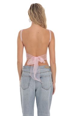 Embroidered Open Back Top in Pink | LUCY IN THE SKY Open Back Shirts, Impress Yourself, Open Back Tank Top, Light Pink Tops, Open Back Top, Vogue Covers, Loungewear Jumpsuit, Backless Top, Going Out Tops