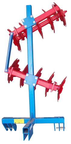 a red and blue metal structure with spikes attached to the side, on a white background