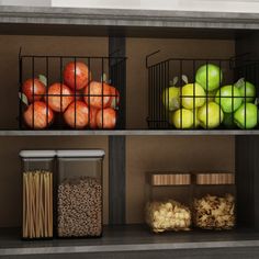 an assortment of fruits and cereals on shelves in a kitchen with metal bins