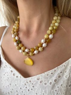 Handmade statement necklace is for women. Yellow opal stone and pearl jewelry is for her. You can wear this unique gemstone jewelry  everyday and it will absolutely add a stylish finishing touch to your look. Beaded statement necklace is suitable for your casual clothes. You can choose this yellow gemstone necklace for your mom, wife or girlfriend as a birthday gift, christmas gift or anniversary gift. If they like handmade  and gemstone jewelry, this opal and pearl jewelry is a perfect gift for Handmade Stone Jewelry, Yellow Stone Necklace, Yellow Beaded Jewelry, Natural Beaded Necklace, Yellow Beads Necklace, Yellow Gemstone Necklace, Yellow Gemstone Jewelry, Collar Hippie, Jewelry Everyday