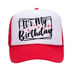 Our It's My Birthday hats are made with a premium quality trucker hat that's digitally printed and made to last. Choose from a variety of colors with an adjustable snapback closure that comfortably fits all head sizes.   🔎 TRUCKER HAT DETAILS *Premium Traditional Trucker Cap Style *Seamed Front Panel with Lining *Matching Fabric Undervisor *Matching Color Sweatband *Adjustable Snap Closure FREE shipping on all orders over $35 ❤️ PRINT ZEVA MAKES SATISFACTION GUARANTEED If your purchase does not Red Trucker Hat With Letter Print And Flat Brim, Novelty Mini Hats For Birthday, One Size Fits Most, Novelty Mini Hats For Birthday, Novelty Mini Hats For Birthdays, One Size Fits Most, Novelty Mini Hats For Birthdays, Customizable Party Trucker Hat, Customizable Trucker Hat For Parties, Letter Print Snapback Trucker Hat For Gift, Trucker Style Snapback Baseball Cap For Party