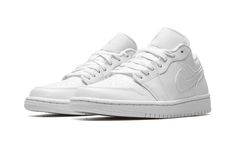 The Women’s Air Jordan 1 Low “Triple White” is the women’s sizing of the monochromatic colorway of the retro basketball shoe.  Michael Jordan’s first signature shoe, the Air Jordan 1 is one of the greatest sneakers of all time, and on the “Triple White” Jordan 1 Low, one of the most versatile, too.  The shoe has an all-white leather upper with a white leather base and tonal leather overlays.  A white leather Swoosh appears on either side.  White “Wings” branding is embroidered on the heel and a White Jordan 1 Low, Jordan 1 Low Triple White, 70s Converse, Shoe Goals, Jordan 1 Low White, Nike X Travis Scott, Converse Run Star Hike, Converse Run, White Jordans