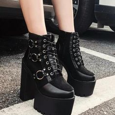 Punk Style Black High Heels Boots on Luulla Black High Heels Boots, Knee High Boots Flat, Punk Shoes, High Heels Boots, Black High Heel Boots, Thick Heel, Heels Boots, Boot Pumps, Punk Style