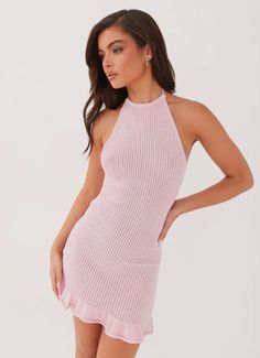 Solene Knit Mini Dress - Pink – Peppermayo US Coastal Girl, Knit Mini Dress, Pink Mini Dresses, Halter Neckline, The Dance, Back Design, Dance Floor, Dress Pink, Top Dress