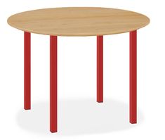 a round wooden table with red legs on an isolated white background for use in the classroom