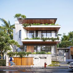 an artist's rendering of a two story building with plants growing on the balconies