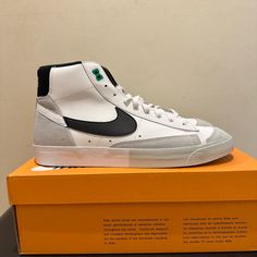 Men Nike Blazer Mid 77 Premium White Black Silver Dz2542-100 Brand New In Box Nike Blazer Mid 77 Mens Outfit, White High-top Skate Shoes With Contrasting Heel, White High-top Skate Shoes With Contrasting Heel Counter, White High-top Sneakers For Sports With Contrasting Heel, White High-top Sneakers For Sports With Contrasting Heel Counter, White High-top Sneakers With Contrasting Heel For Sports, Casual Silver High-top Sneakers With Speckled Midsole, White Skate Shoes With Contrasting Heel For Sports, Sporty White Skate Shoes With Contrasting Heel