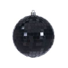 a black disco ball ornament on a white background